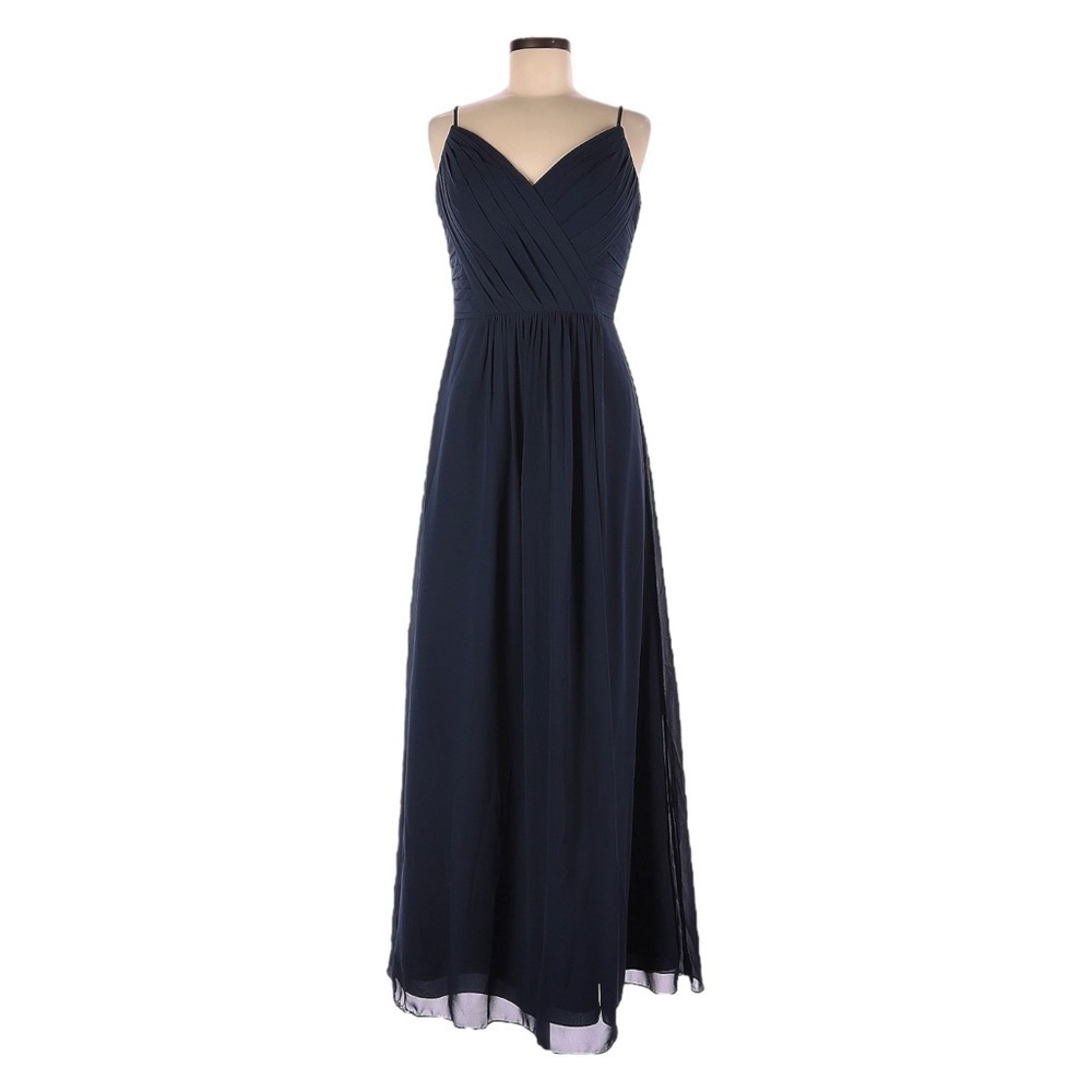 Bill Levkoff Navy Chiffon Pleated Maxi Dress 10 Formal Evening Bridesmaid Gown